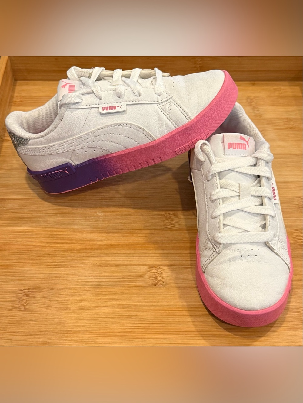 Puma White Leather Sneakers with Pink-to-Purple Gradient Sole Girls 2